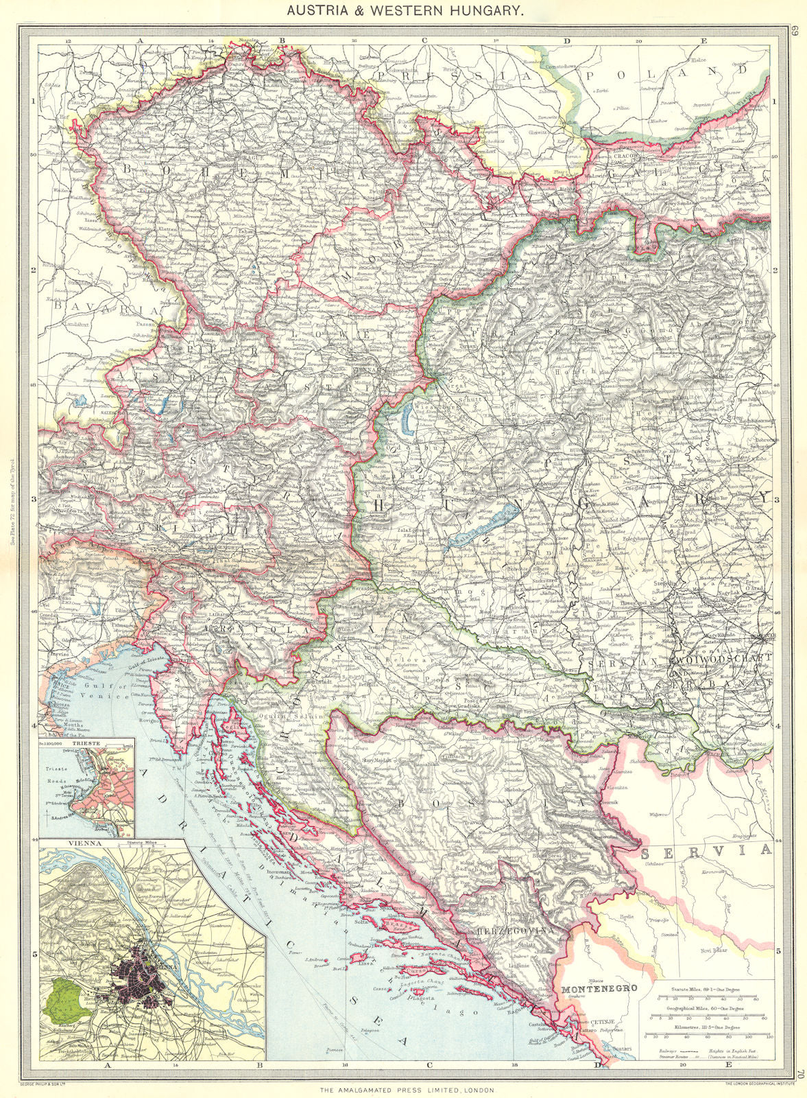 AUSTRIA. & Western Hungary; map of Trieste; Vienna 1907 old antique chart